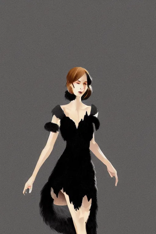 Image similar to full body aesthetic digital illustration of a beautiful young woman walking a runway in a furry little black dress, by wlop and Julia Razumova, realistic, photorealistic, , deviantArt, trending on artstation, artstation HQ