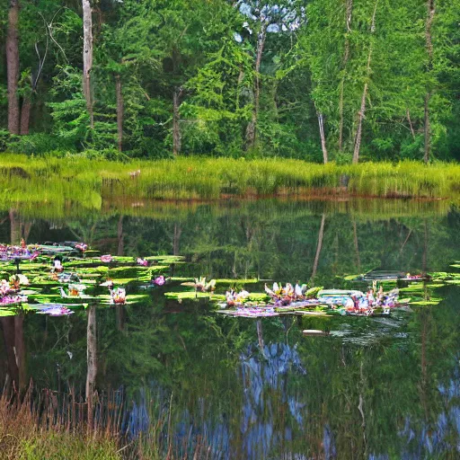 Prompt: a pond with water lillies in the forest, in the style of Gordon Onslow Ford,