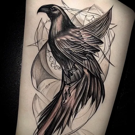 Image similar to raven mystic occult, symbolism mythos, highly detailed line tattoo, real tattoo, realistic realism, design concepts