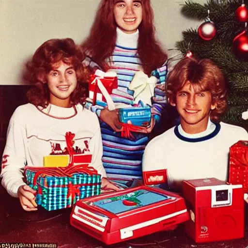 Image similar to christmas morning photo 1 9 8 6 of a typical 1 9 8 0 ’ s teenager after opening their new nintendo game system