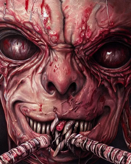 Image similar to Haunting horrifying hyperrealistic detailed painting of a tall slim flesh extraterrestrial creature covered in thick black blood, heavy metal, disgusting, creepy, unsettling, and bloodshot eyeballs, hyper detailed, trending on Artstation