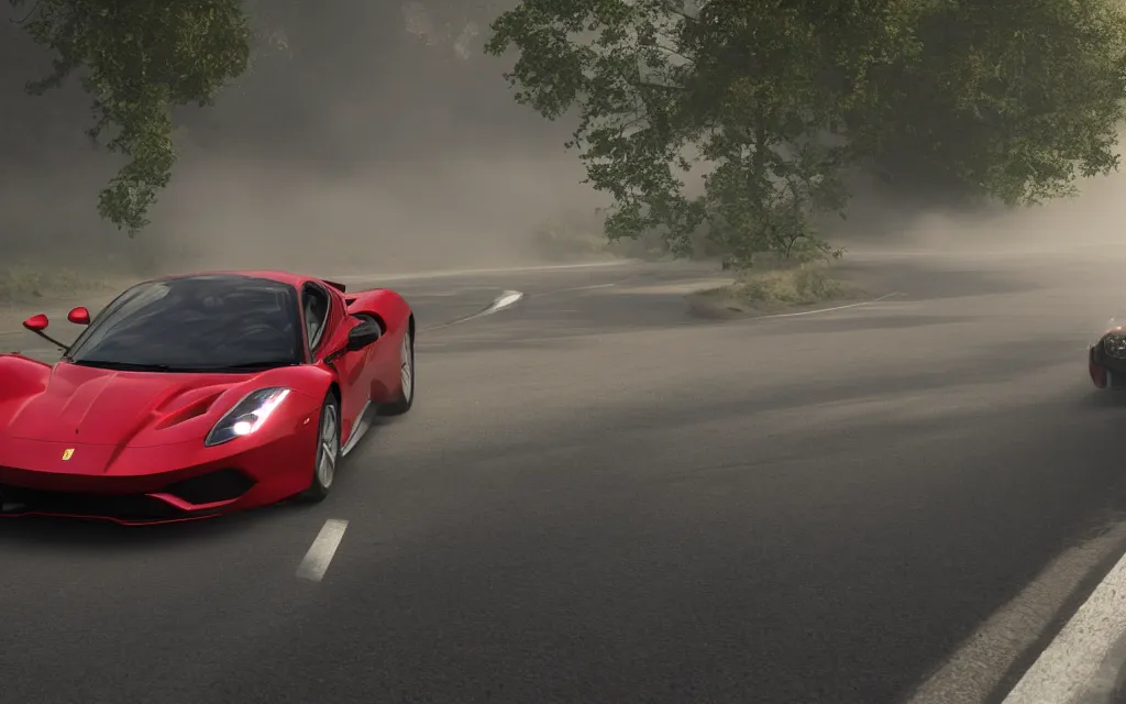 Image similar to a car going over seven thousand rmp, ford vs ferrari, atmospheric, mist, epic, photorealistic, realistic, rule of thirds, extremely detailed, 4 k, 8 k, unreal engine 5 render, rim lighting, rtx, ray traced lighting, shot on 3 5 mm, film grain, looking through a window frame