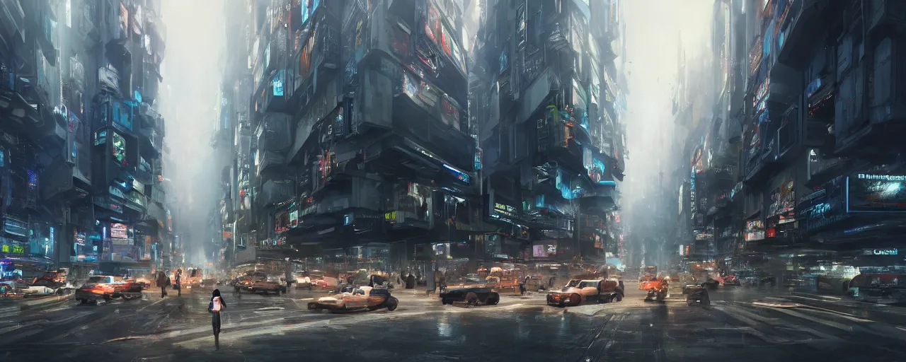 Prompt: close up ground level view of a futuristic bladerunner building and sidewalk busy with activity with of signages and billboards street venders and carts aliens and people with a floating cars on the streets by craig mullins, neil blevins, dylan cole, james paick, hyper realistic, night, environment fog, cinematic lighting, 8 k, vray render, artstation, deviantart,