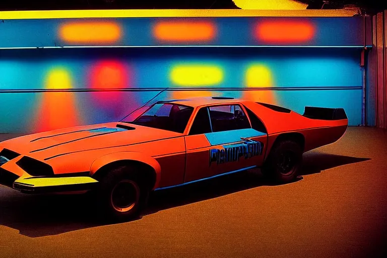 Prompt: designed by memphis group stylized poster of mad max's pursuit special, the last v 8 interceptor, thick neon lights, ektachrome photograph, volumetric lighting, f 8 aperture, cinematic eastman 5 3 8 4 film