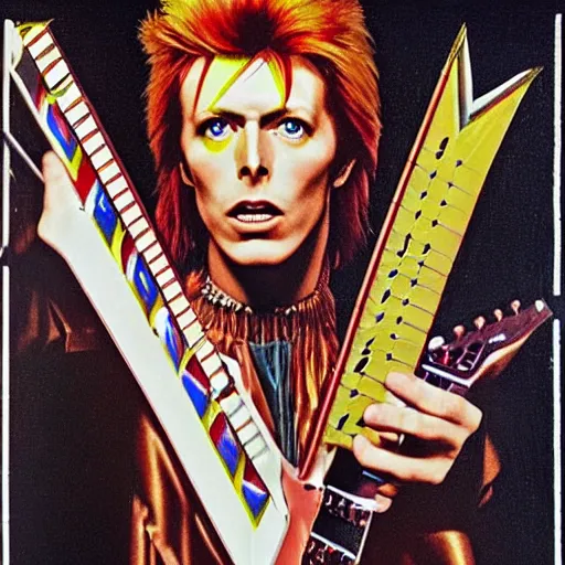 Image similar to Pre-Raphaelite portrait of 1970s David Bowie, ziggy stardust playing flying V guitar, single lighning strike in background. Flash Gorden