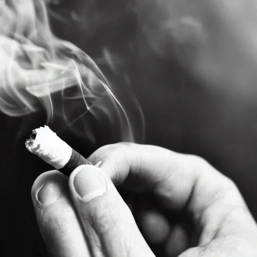 Image similar to Close-up of highly detailed hand holding cigarette with smoke, vintage photo,