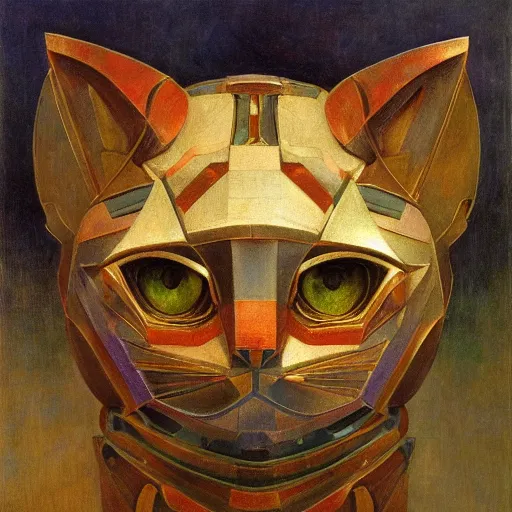 Prompt: masterpiece painting of a bejeweled mechanical robot cat head, by annie swynnerton and diego rivera and nicholas roerich and jean delville, symbolist, dramatic lighting, god rays, elaborate geometric ornament, art brut, rich colors, smooth, sharp focus, extremely detailed, adolf wolfli and ( donato giancola )