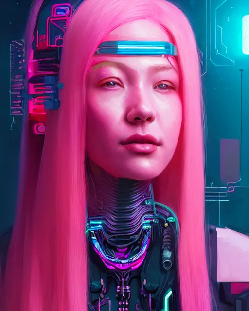 Image similar to portrait of a beautiful woman with pink hair as a cyberpunk cyborg, sci - fi, missing panels, intricate abstract upper body intricate artwork, by tooth wu, wlop, beeple, dan mumford. concept art, octane render, deviantart, greg rutkowski, cinematic, key art, hyperrealism, iridescent accents