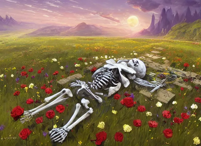 Image similar to a knight's skeleton killed long ago lays in a vast flower field in the cosmic sky by vladimir volegov and alexander averin and peder mørk mønsted and ross tran and raphael lacoste