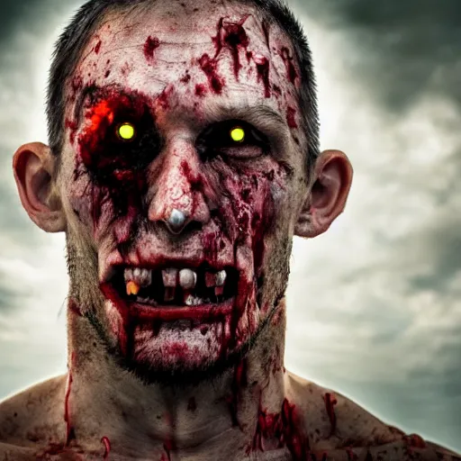 Image similar to a very realistic and scary portrait of a zombie man, flesh get down, eye is falling as jaw, very detailed photography, 4k