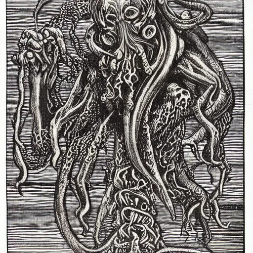 Image similar to a detailed woodcut of Cthulhu by Albrecht Durer