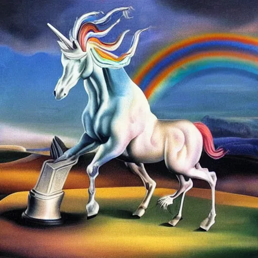 Prompt: unicorns dancing on a graveyard under a rainbow in the sky, painting by Salvador Dali, award winning world-class Artwork