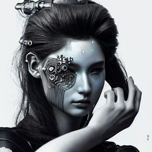 Image similar to the portrait of an absurdly beautiful, graceful, sophisticated, fashionable cyberpunk gravure idol, an ultrafine hyperdetailed illustration by kim jung gi, irakli nadar, matt wisniewski, tribal makeup, intricate linework, iridescent wiring, porcelain skin, unreal engine 5 highly rendered, global illumination, radiant light, detailed and intricate environment