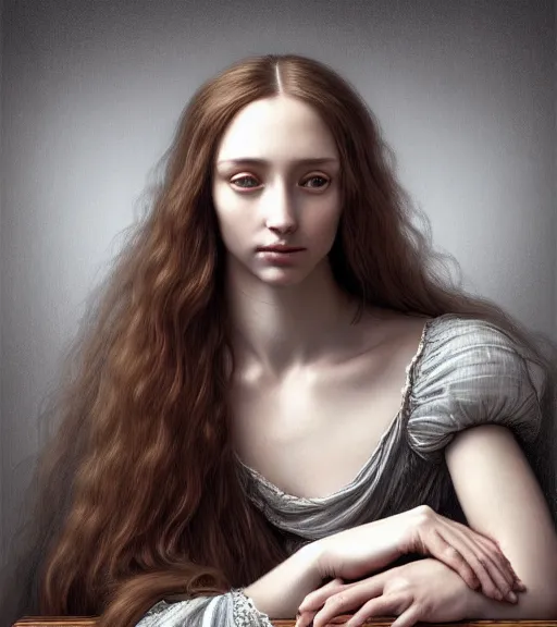 Image similar to portrait of a beautiful long - haired woman sitting upon a table with heightened detail, poised, intense emotion, detailed facial expression, detailed surroundings, intricate, elegant, highly detailed, centered, digital painting, artstation, concept art, smooth, sharp focus, illustration, by ( leonardo da vinci ), wlop