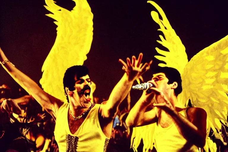 Image similar to freddie mercury queen singing at a death metal punk concert. mosh pit, elaborate clothing, violent rock concert yellow and white clothing, huge angel wings