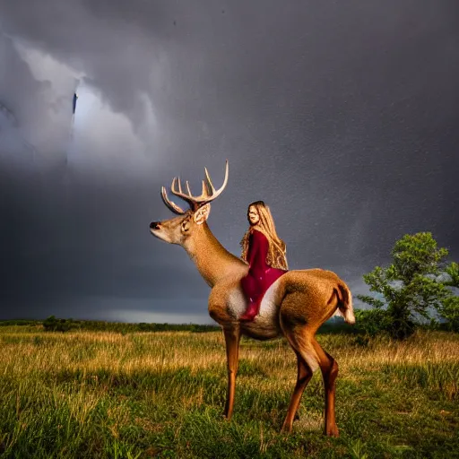 Image similar to 4 k hdr wide angle detailed portrait of a beautiful instagram model woman riding on top of a wild buck deer in a rain shower during a storm with thunder clouds overhead and moody stormy lighting sony a 7