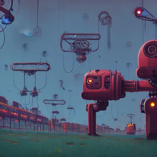 Prompt: the wretched mechanical giants who plague our kingdom, art by Simon Stalenhag