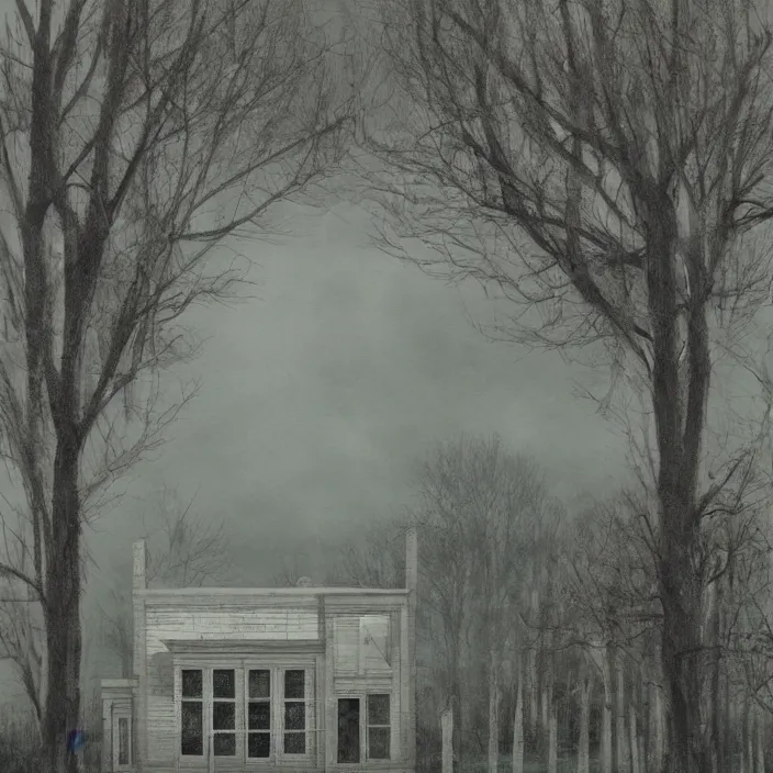 Image similar to a building in a serene landscape, horror fiction