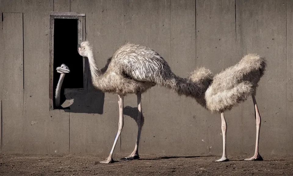 Prompt: An ostrich in stockades, cartoon photography. Cartoon in real life