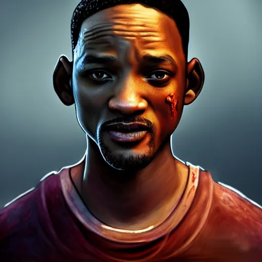 Image similar to young will smith as a bloody zombie, 7 days to die zombie, fine art, award winning, intricate, elegant, sharp focus, cinematic lighting, highly detailed, digital painting, 8 k concept art, art by guweiz and z. w. gu, masterpiece, trending on artstation, 8 k