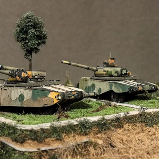 Image similar to 1/35 scale model of Tiger tanks sieging a group of guinea pigs in a garden, 8k, award winning photo, scale model photography,