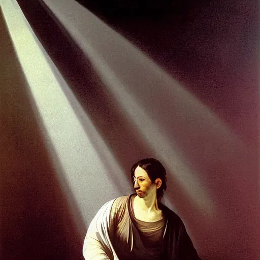 Prompt: painting portrait of a person with a bright light beam emanating rays of light and totally covering their head, matte painting, masterpiece, by Caravaggio