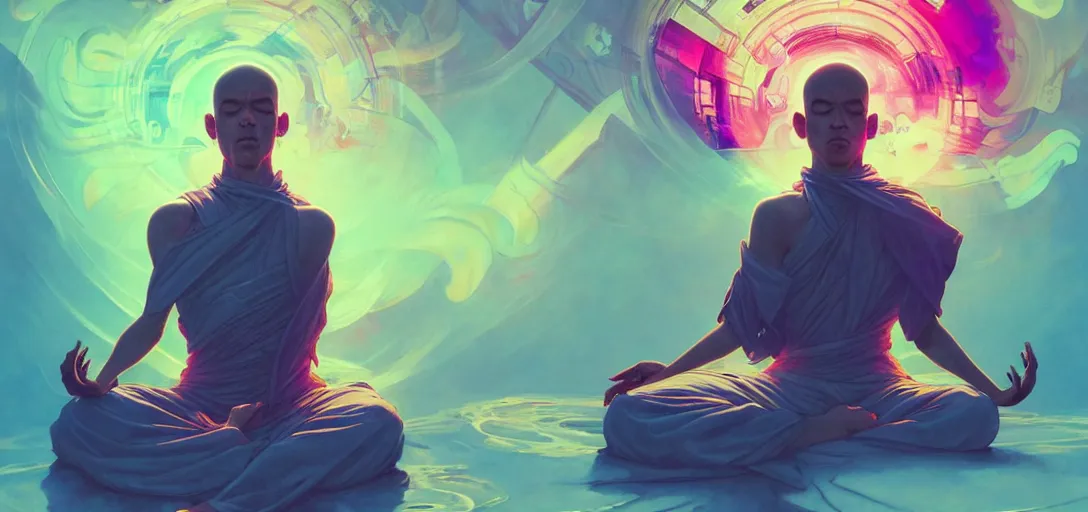 Image similar to a floating monk meditating, channeling swirling energy, wearing cyberpunk clothing, vaporwave aesthetic, colorful, psychedelic, digital painting, artstation, concept art, smooth, sharp focus, illustration, art by artgerm and greg rutkowski and alphonse mucha