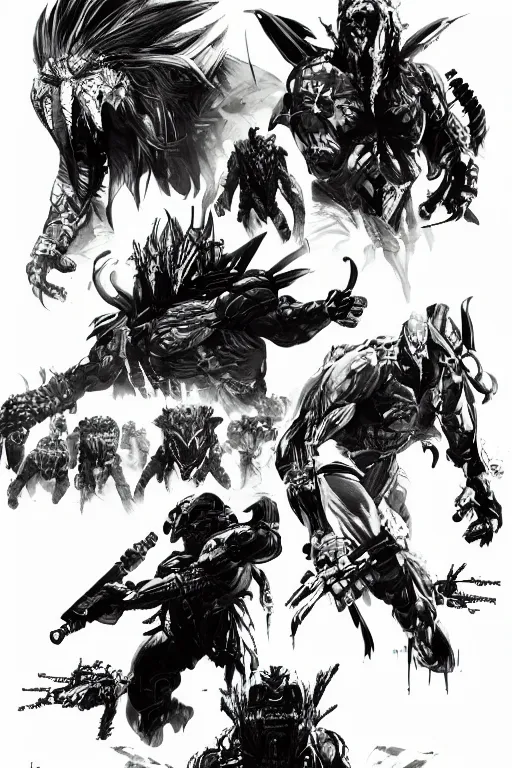 Image similar to predator concept art by yoji shinkawa, character concept sheet, white background, ink, digital painting, highly detailed, trending on artstation, sharp focus, illustration, concept art