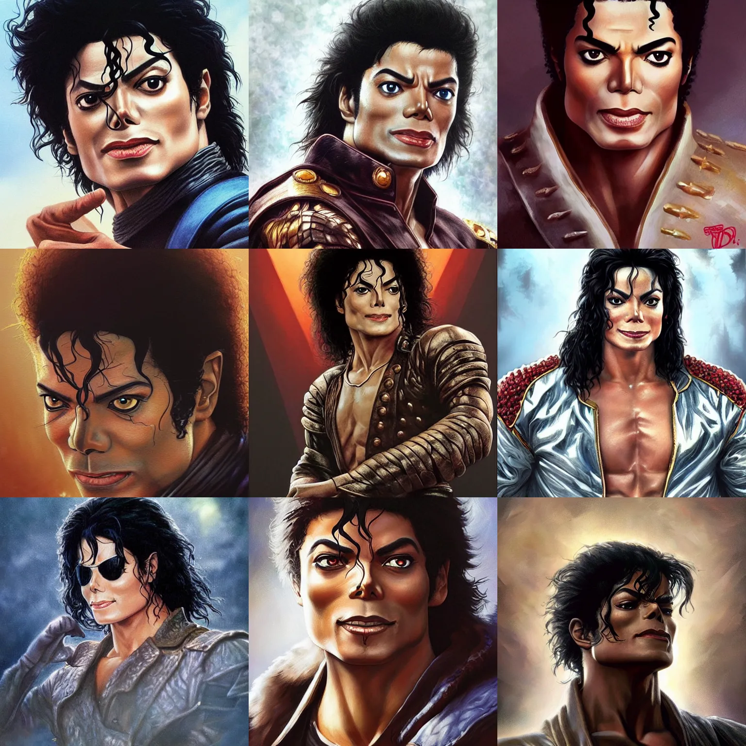 Prompt: michael jackson! fist of the north star! very close portrait of a rugged ranger, muscular, upper body, 👅 👅 , D&D, fantasy, intricate, elegant, highly detailed, digital painting, artstation, concept art, smooth, sharp focus, illustration, art by artgerm and greg rutkowski and alphonse mucha
