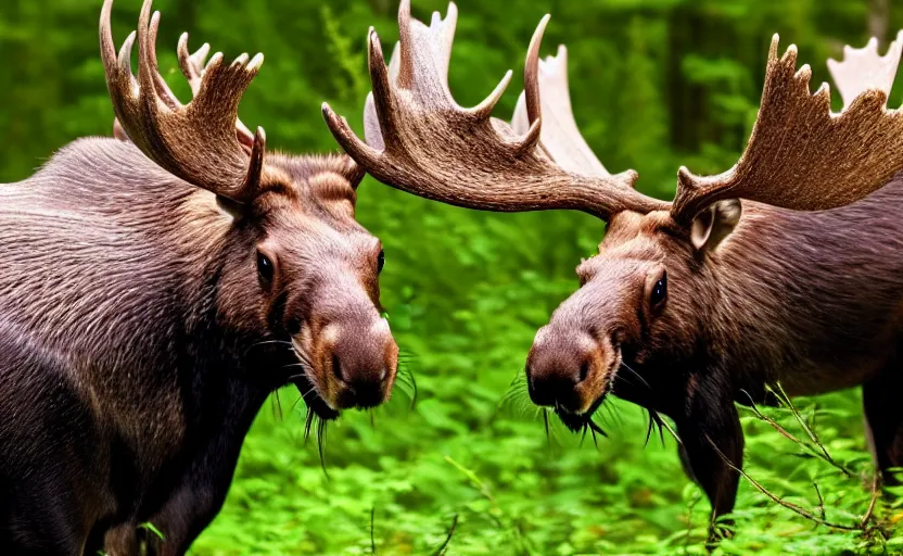 Prompt: moose hybrid beaver head antlers, tail, rodent, teeth, drinking at a lake, photorealistic, photography, nature, forest, wildlife