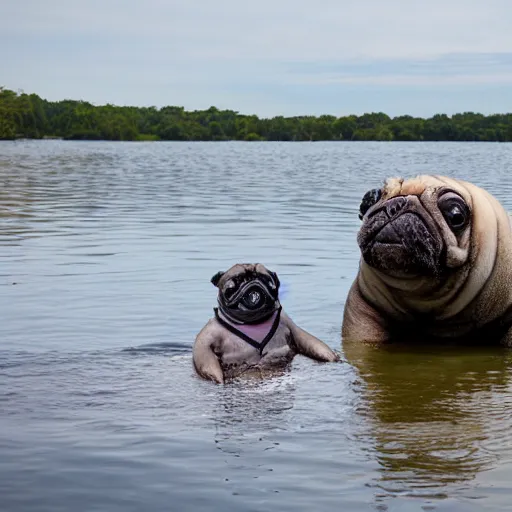 Image similar to a Manatee-Pug Hybrid, A Manatee that looks like a pug, huge tusks, afternoon hangout, good times photograph, candid