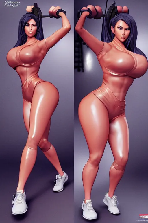 Image similar to photorealistic 3 d render of kim kardashion as an impossibly curvy anime girl wearing a gym outfit, by artgerm and earl norem, featured on pixiv, booru, exaggerated proportions, high resolution digital art, 4 k, beautiful symmetric face, subsurface scattering, volumetric lighting, realistic skin texture, aesthetic!!!!!