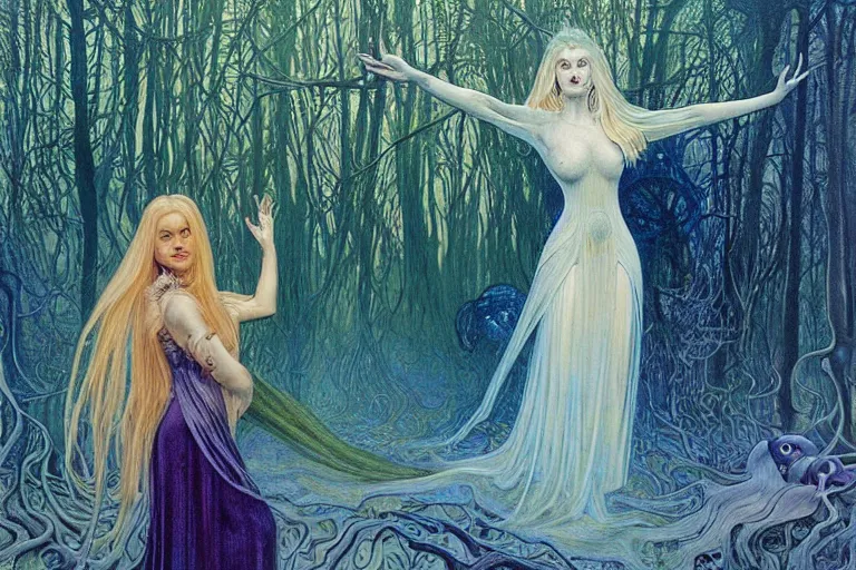 Image similar to realistic detailed portrait painting of a beautiful ghost woman with blond hair with an alien, futuristic sci-fi forest on background by Jean Delville, Amano, Yves Tanguy, Alphonse Mucha, Edward Robert Hughes, Roger Dean, rich moody colours, blue eyes