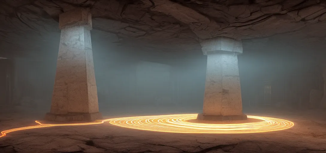 Image similar to dramatic photo of underground ancient stone alien interior, ambient occlusion, glowing straight neon lines on the floor, large glowing obelisk at the end of the room, giant looming statue, raytracing, unreal engine, dramatic lighting, detailed,, global illumination, god rays, 3 d artstation by greg rutowski and jessica rossier