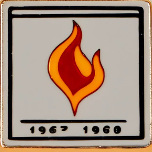 Image similar to a square enamel pin depicting a 1 9 6 0 s minimalistic clean fire flames warning label, smooth curves