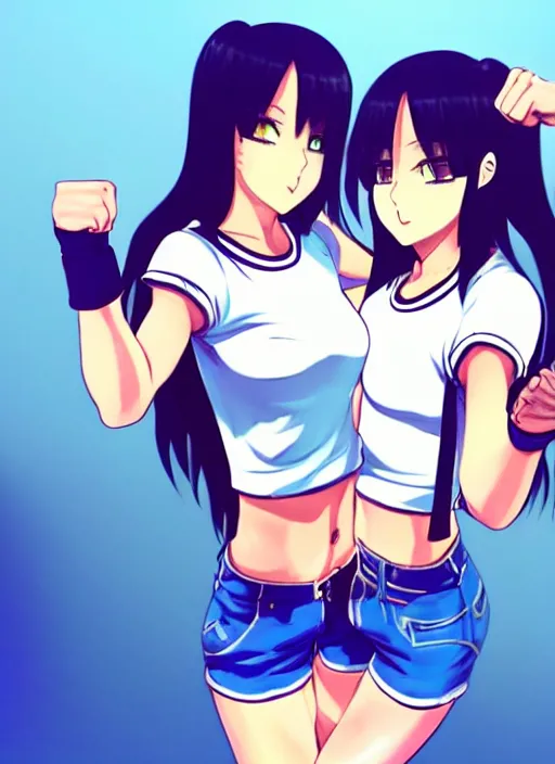 Prompt: two beautiful female fighters taunting each other, denim shorts, white top, dim lighting, gorgeous features, smooth, detailed anime art