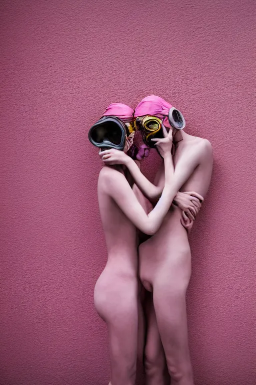 Image similar to a surreal portrait of intertwined and contorted figures wearing gas mask next to a pink wall in the style of brooke didonato, editorial fashion photography from vogue magazine, full shot, nikon d 8 1 0, ƒ / 2. 5, focal length : 8 5. 0 mm, exposure time : 1 / 8 0 0, iso : 2 0 0