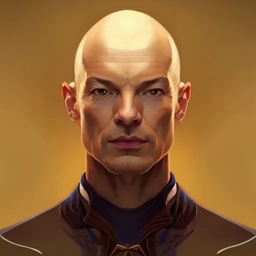 Image similar to character concept portrait of professor xavier beautiful voluminous muscular tall healthy and virtuous. modestly clothed, intricate, elegant, highly detailed, digital painting, artstation, concept art, symmetry, smooth, sharp focus, illustration, art by mandy jurgens and alphonse mucha and alena aenami