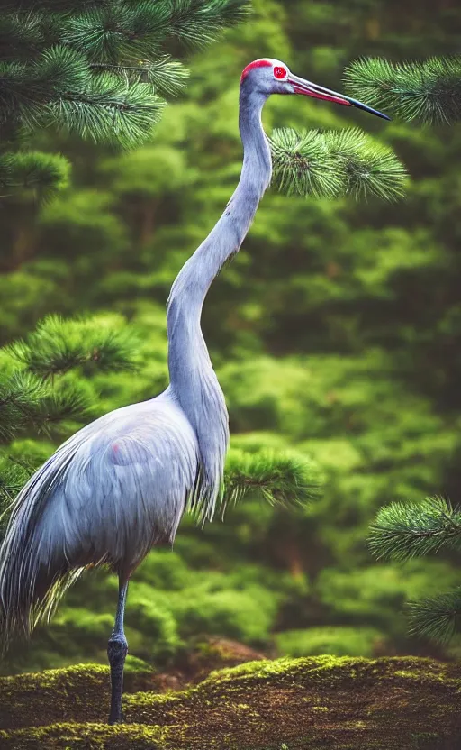 Image similar to portrait photo of a japense crane next to a forest of japanese pines and a lake, highly detailed, high resolution, national geographic photo, stunning, bokeh soft, 100mm, trending on instagram, by professional photographer, shot with a canon, low saturation