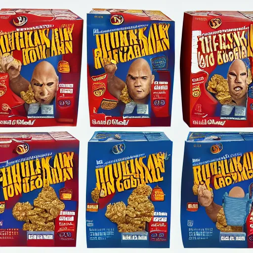 Image similar to dwayne the rock johnson breakfast cereal boxes on store shelf