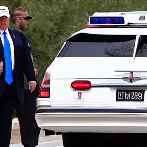 Image similar to Donald Trump driving a hearse with Ted Cruz getting arrested and put in the back