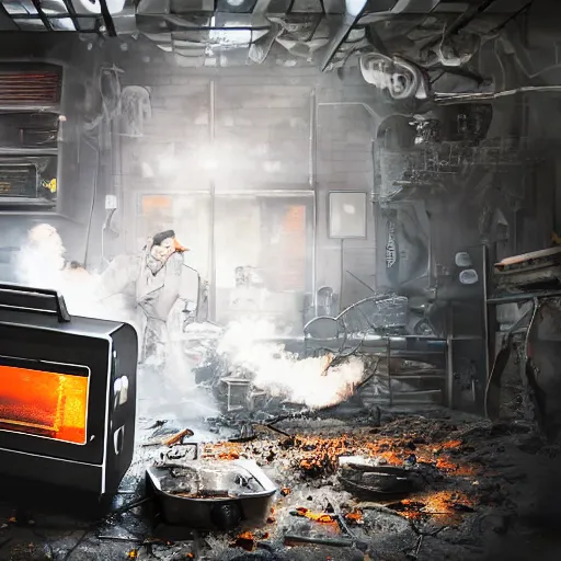 Image similar to cyborg toaster oven repairman, dark messy smoke - filled cluttered workshop, dark, dramatic lighting, orange tint, sparks, plasma rays, cinematic, highly detailed, sci - fi, futuristic, movie still