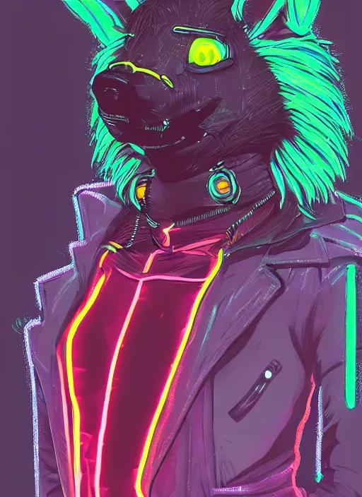 Image similar to digital drawing of anthromorphic hyena female drawn in cell shaded, fursona, furry fandom, neon rainy cyberpunk setting, anthro, wearing cyberpunk 2 0 7 7 jacket, detailed face,