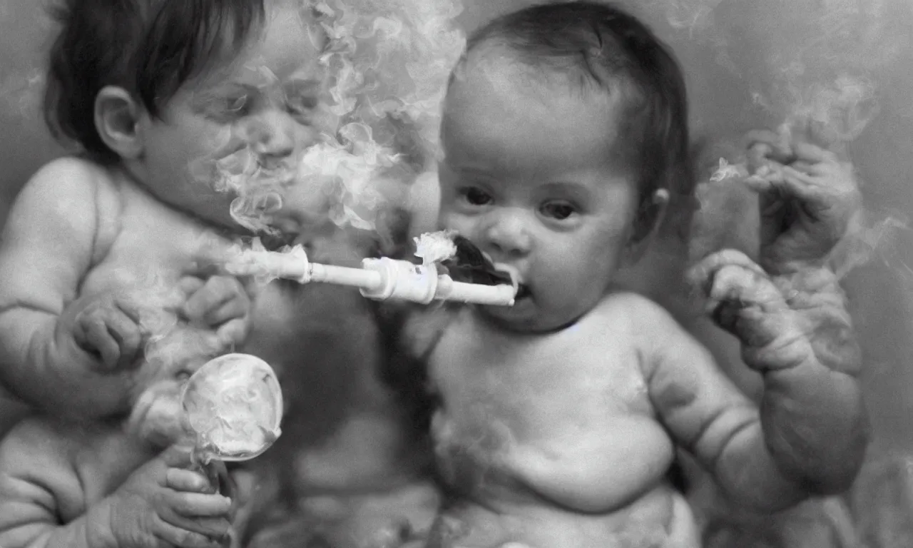 Prompt: a photograph of a baby smoking a bong