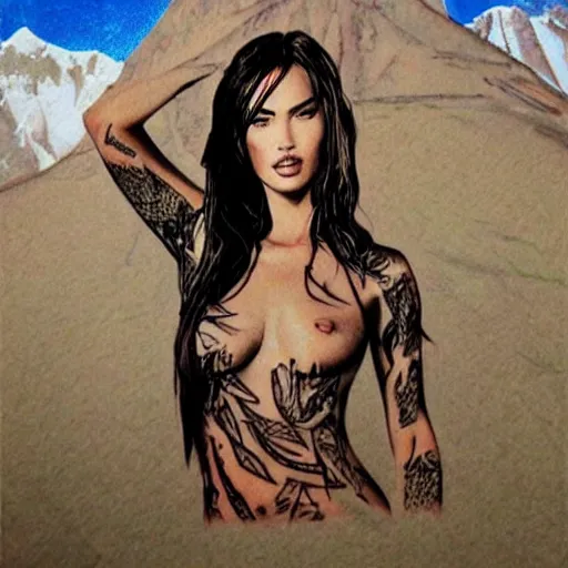 Image similar to realism tattoo sketch of double exposure megan fox with beautiful mountain scenery, in the style of andrey lukovnikov