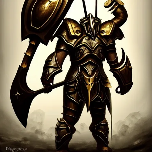 Image similar to Giant minotaur humanoid beast warrior with two handed axe, horned helmet, concept art, heavy white and golden armor, paladin, giant horns, portrait, dungeons and dragons, hyperrealism, high details, digital painting, dark fantasy