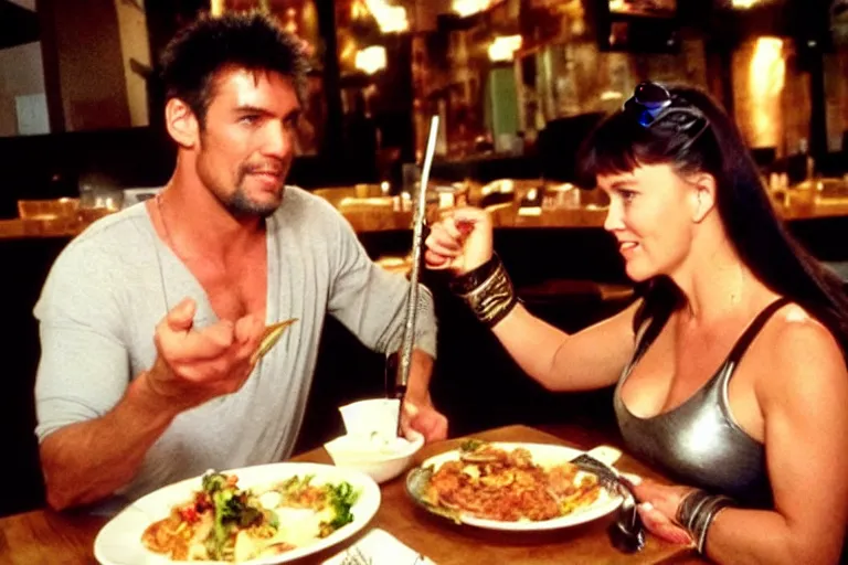 Prompt: xena warrior princess eating at a restaurant with a handsome cuban man