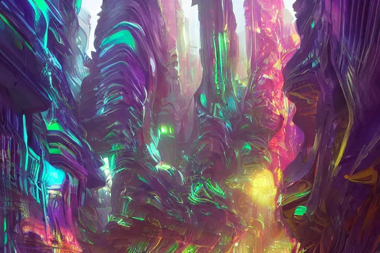 Prompt: futuristic cyberpunk city with Singaporean lush garden with luxurious rgb colors, advanced civilization, high-end street Antelope canyon, rocks formed by water erosion, walls made of beautiful smooth sandstone light beams that shine, polish narrow slots of walls into a striated swirling finish, digital painting, concept art, smooth, sharp focus, from Star Trek 2021, illustration, by WLOP and Ruan Jia and Mandy Jurgens and William-Adolphe Bouguereau, Artgerm