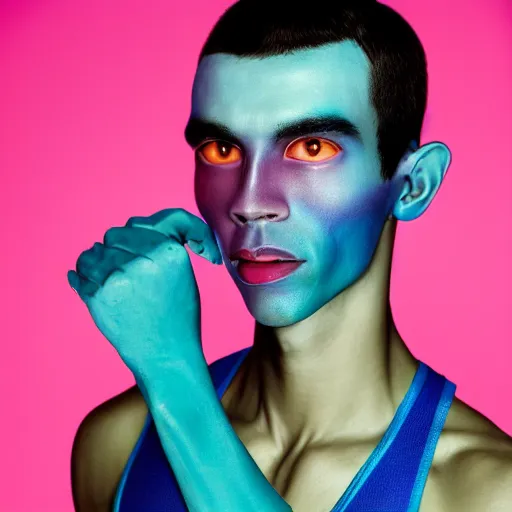 Image similar to a close up portrait of a beautiful athletic young male alien with pink and blue ombre color skin , photographed by erwin olaf, artistic