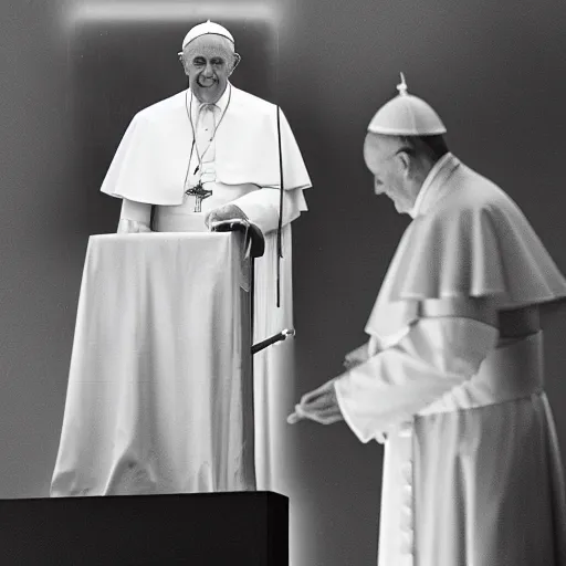 Prompt: black and white photograph of the pope but with a frog head